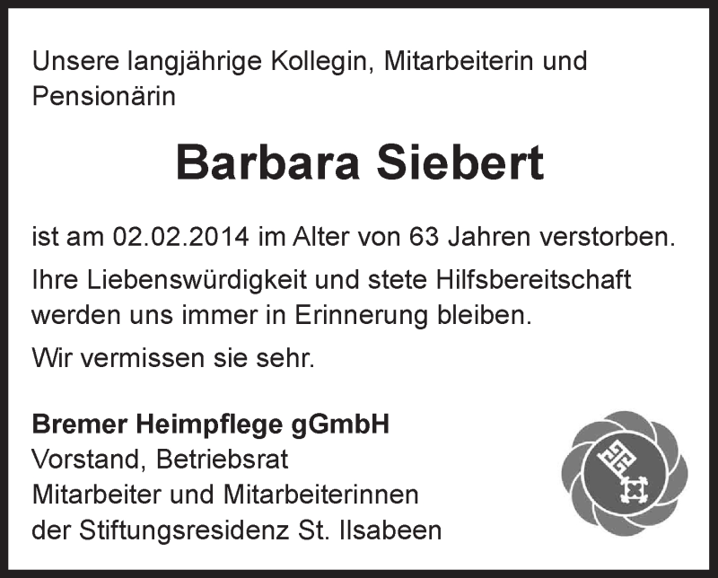Traueranzeige von Barbara Siebert von WESER-KURIER