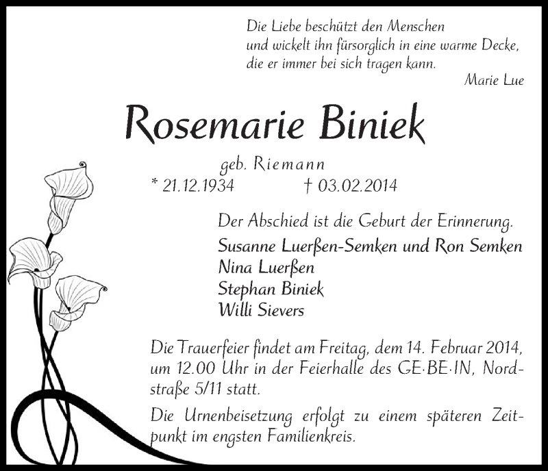 Traueranzeige von Rosemarie Biniek von WESER-KURIER