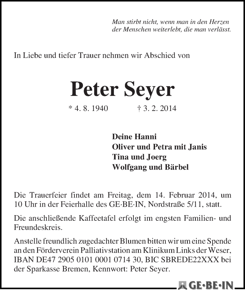 Traueranzeige von Peter Seyer von WESER-KURIER