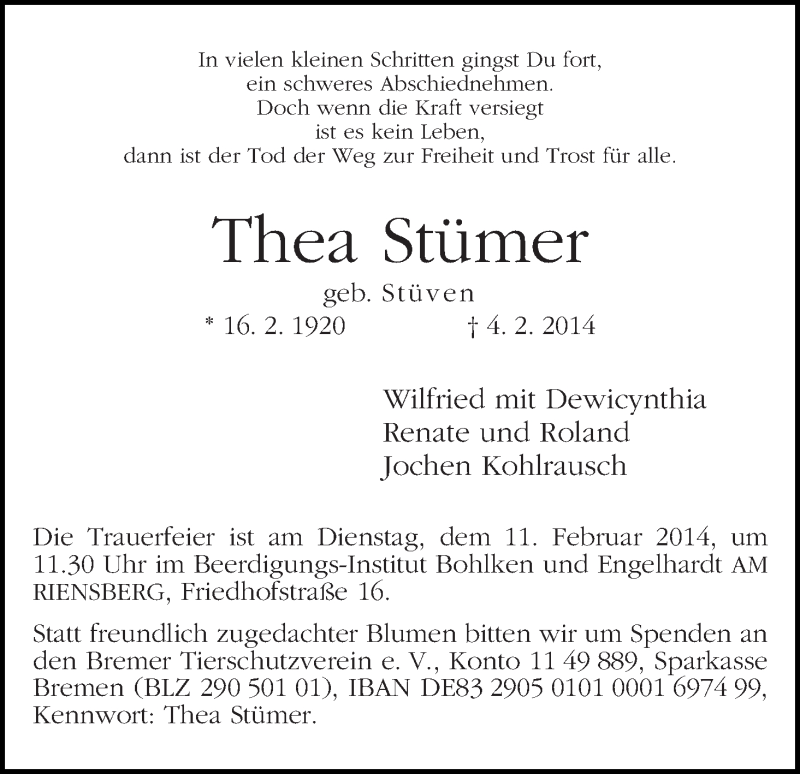 Traueranzeige von Thea Stümer von WESER-KURIER