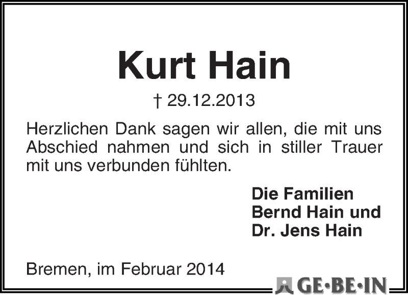 Traueranzeige von Kurt Hain von WESER-KURIER
