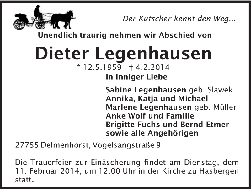 Traueranzeige von Dieter Legenhausen von WESER-KURIER