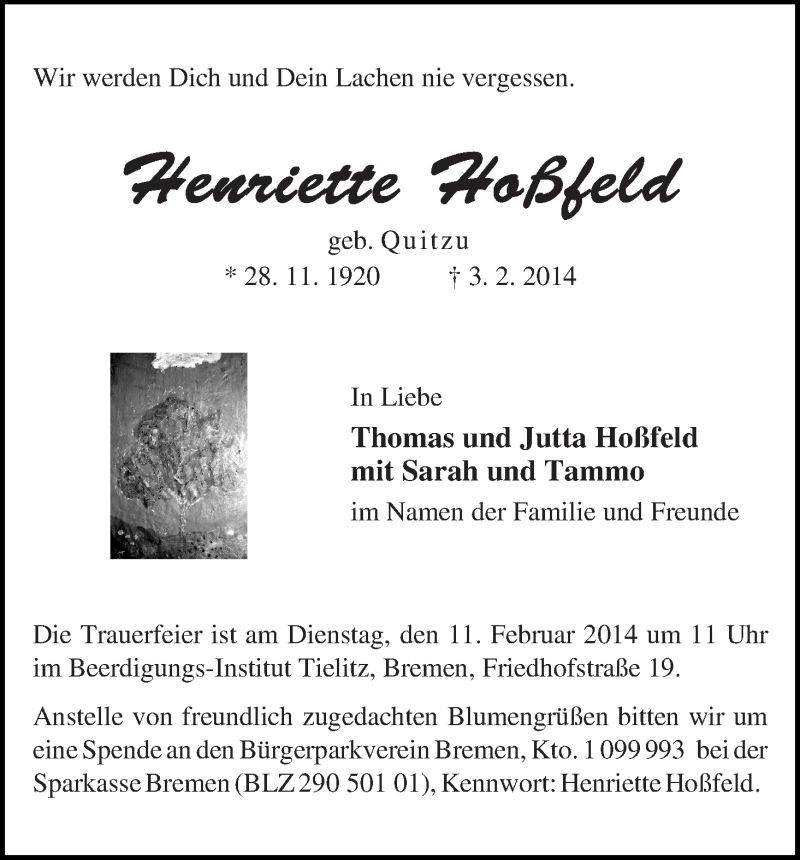 Traueranzeige von Henriette Hoßfeld von WESER-KURIER