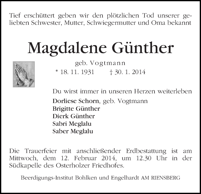 Traueranzeige von Magdalene Günther von WESER-KURIER