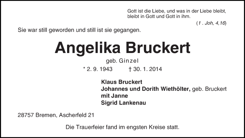 Traueranzeige von Angelika Bruckert von WESER-KURIER