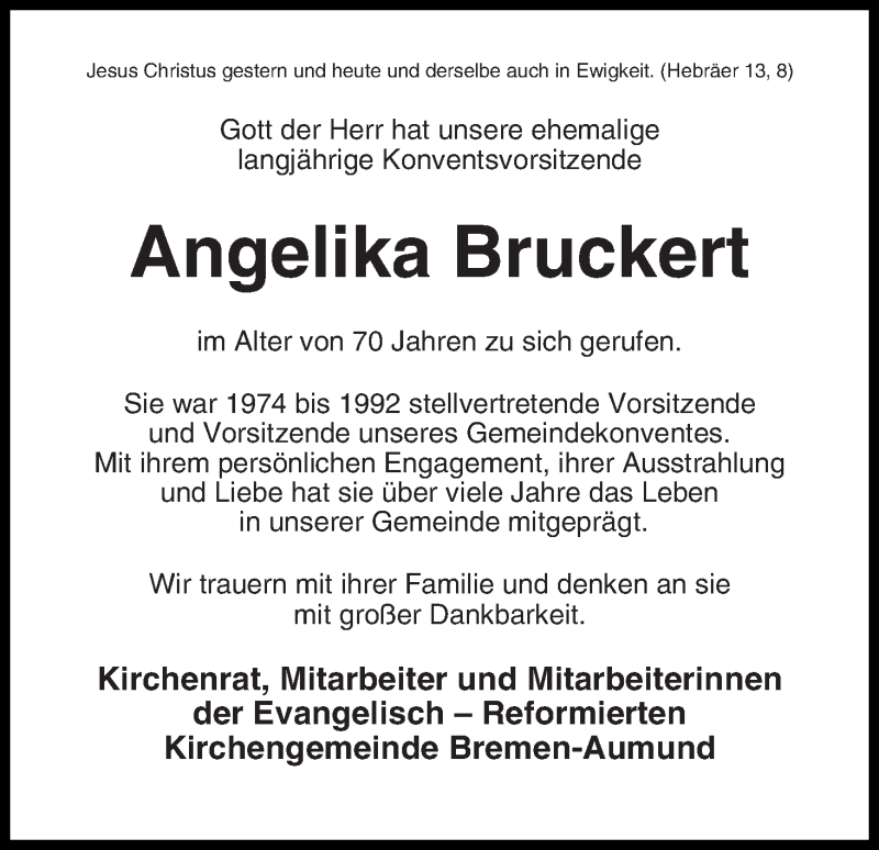 Traueranzeige von Angelika Bruckert von WESER-KURIER