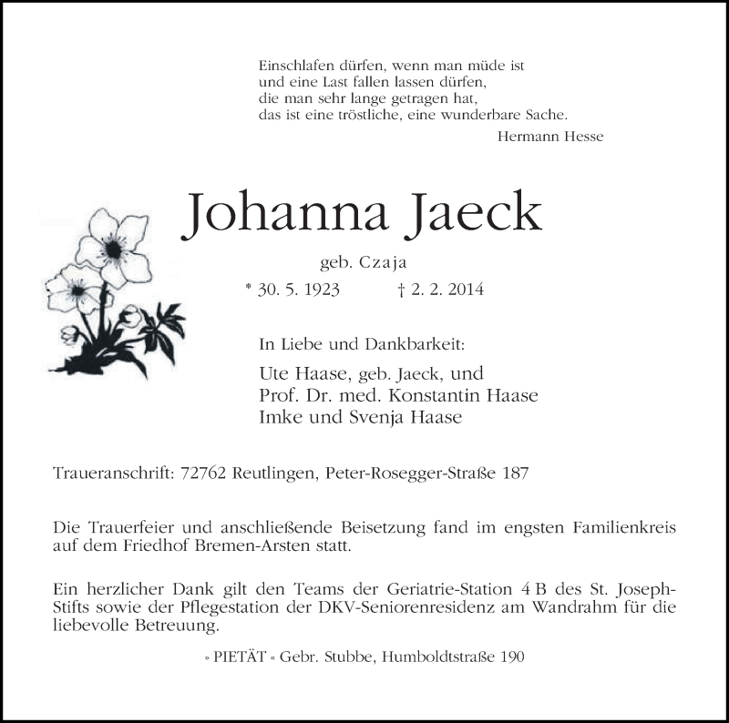 Traueranzeige von Johanna Jaeck von WESER-KURIER