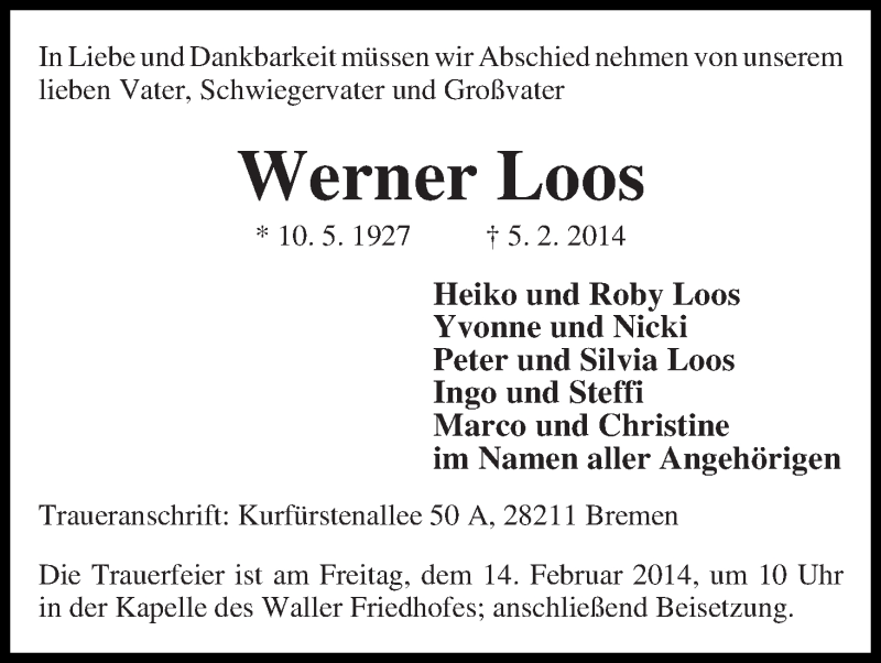 Traueranzeige von Werner Loos von WESER-KURIER