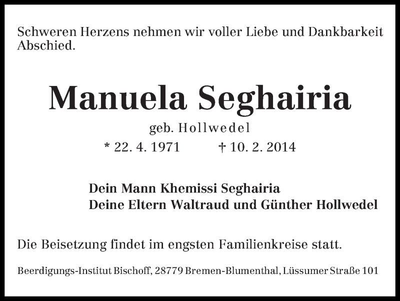 Traueranzeige von Manuela Seghairia von WESER-KURIER