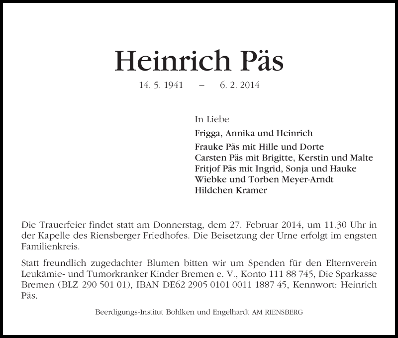 Traueranzeige von Heinrich Päs von WESER-KURIER