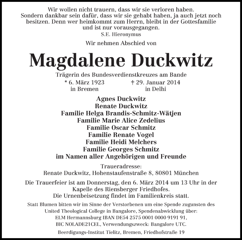 Traueranzeige von Magdalene Duckwitz von WESER-KURIER