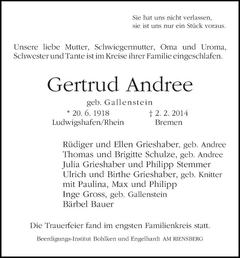 Traueranzeige von Gertrud Andree von WESER-KURIER