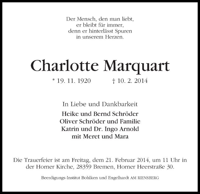 Traueranzeige von Charlotte Marquart von WESER-KURIER