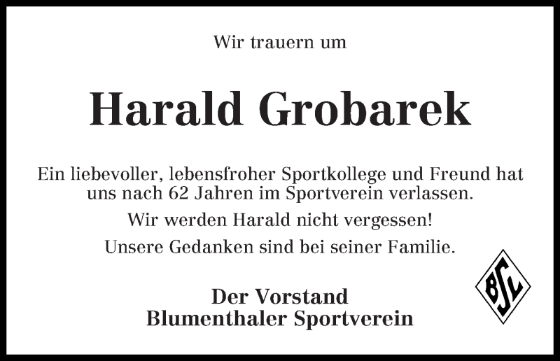 Traueranzeige von Harald Grobarek von WESER-KURIER