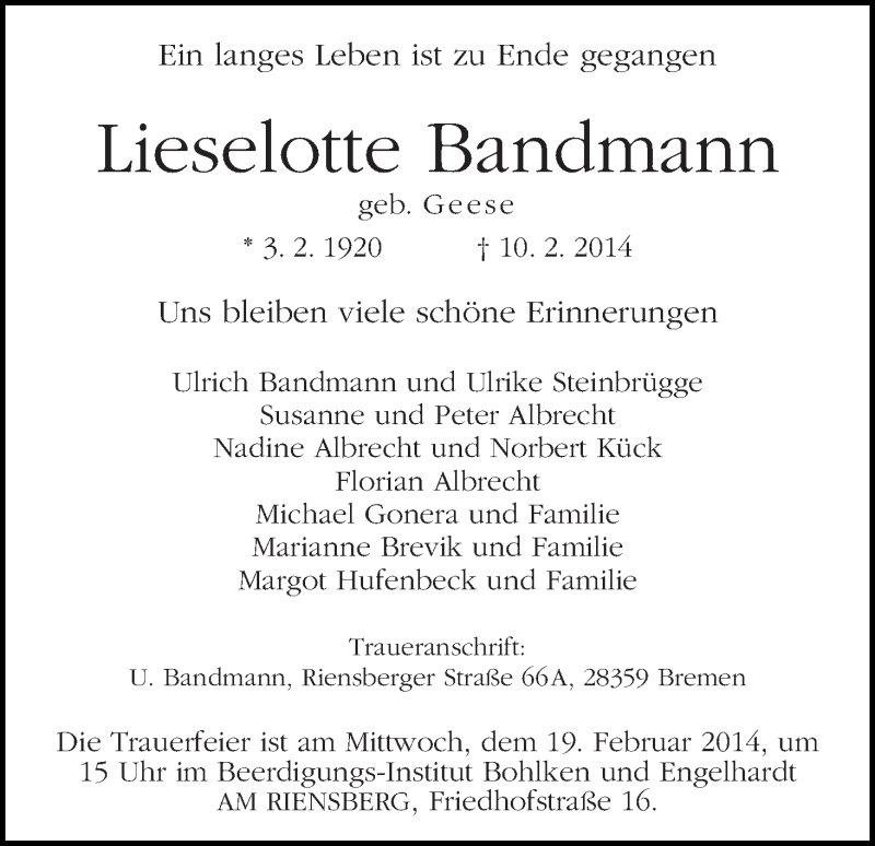 Traueranzeige von Lieselotte Bandmann von WESER-KURIER