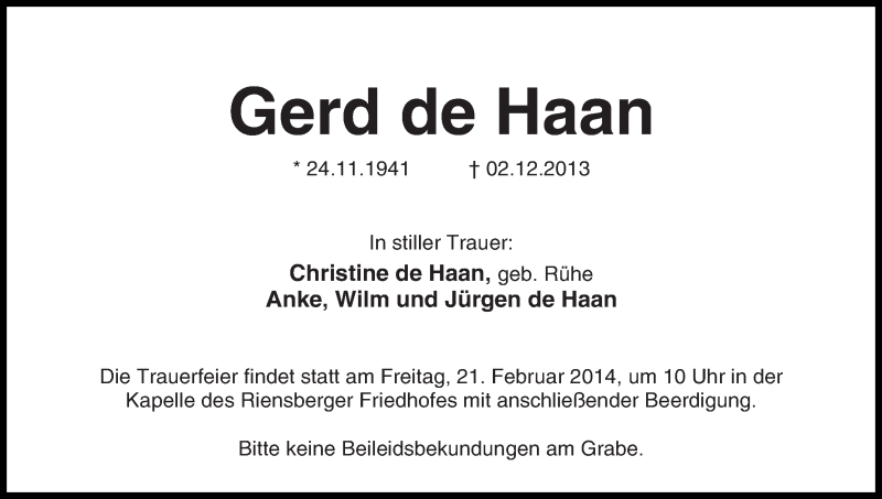 Traueranzeige von Gerd de Haan von WESER-KURIER