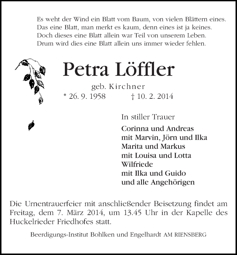 Traueranzeige von Petra Löffler von WESER-KURIER