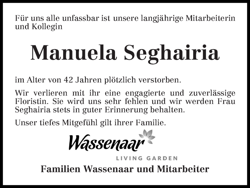 Traueranzeige von Manuela Seghairia von WESER-KURIER