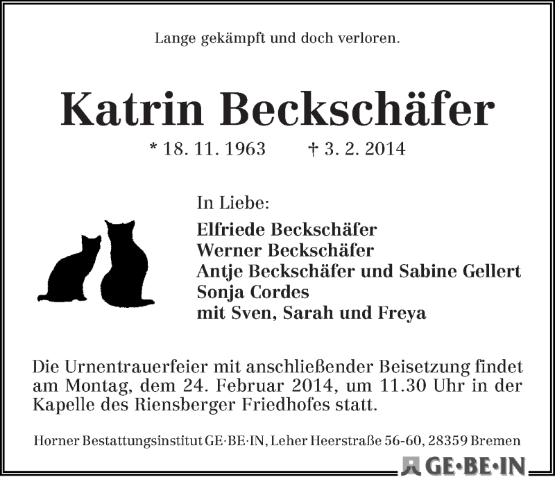 Traueranzeige von Katrin Beckschäfer von WESER-KURIER