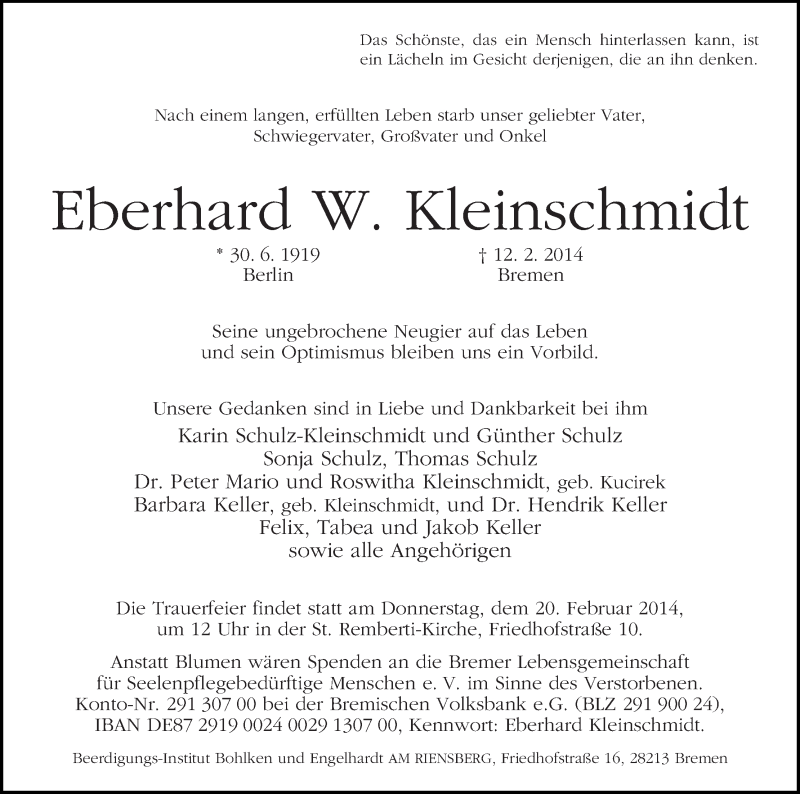 Traueranzeige von Eberhard Kleinschmidt von WESER-KURIER