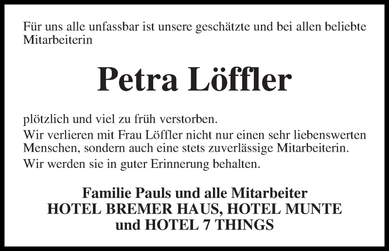 Traueranzeige von Petra Löffler von WESER-KURIER