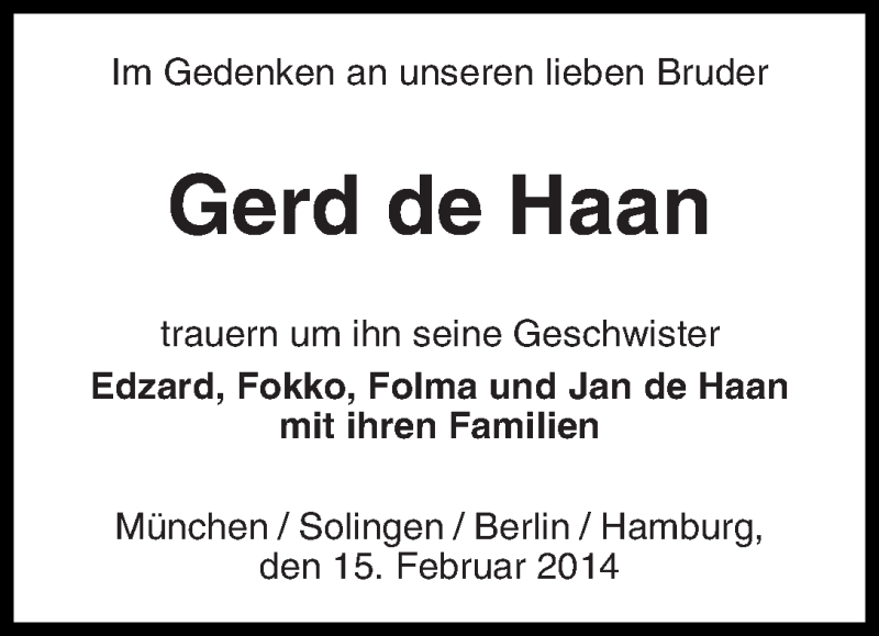 Traueranzeige von Gerd de Haan von WESER-KURIER