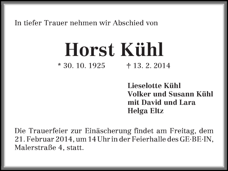Traueranzeige von Horst Kühl von WESER-KURIER
