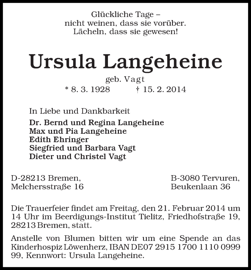 Traueranzeige von Ursula Langeheine von WESER-KURIER
