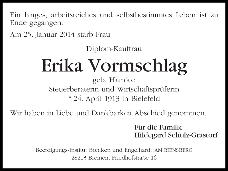 Traueranzeige von Erika Vormschlag von WESER-KURIER
