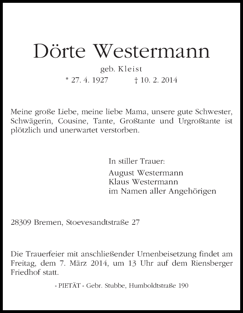 Traueranzeige von Dörte Westermann von WESER-KURIER