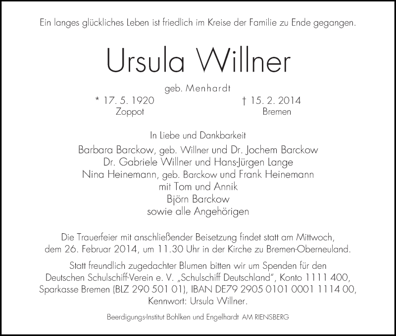 Traueranzeige von Ursula Willner von WESER-KURIER