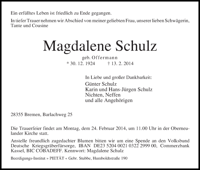 Traueranzeige von Magdalene Schulz von WESER-KURIER