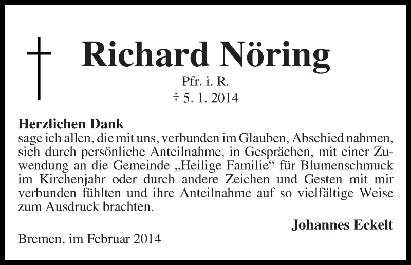 Traueranzeige von Richard Nöring von Die Norddeutsche