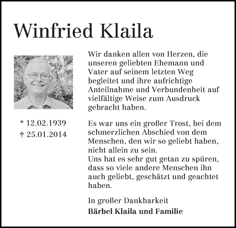 Traueranzeige von Winfried Klaila von Die Norddeutsche