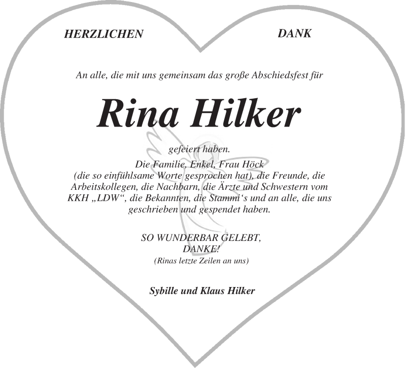 Traueranzeige von Rina Hilker von WESER-KURIER