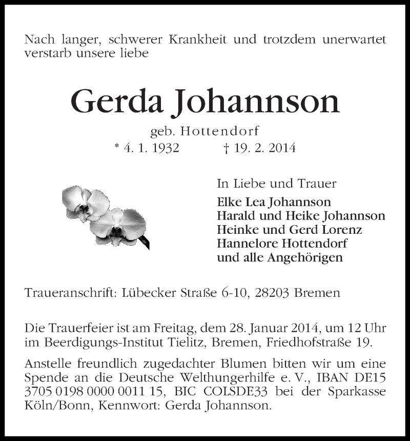 Traueranzeige von Gerda Johannson von WESER-KURIER