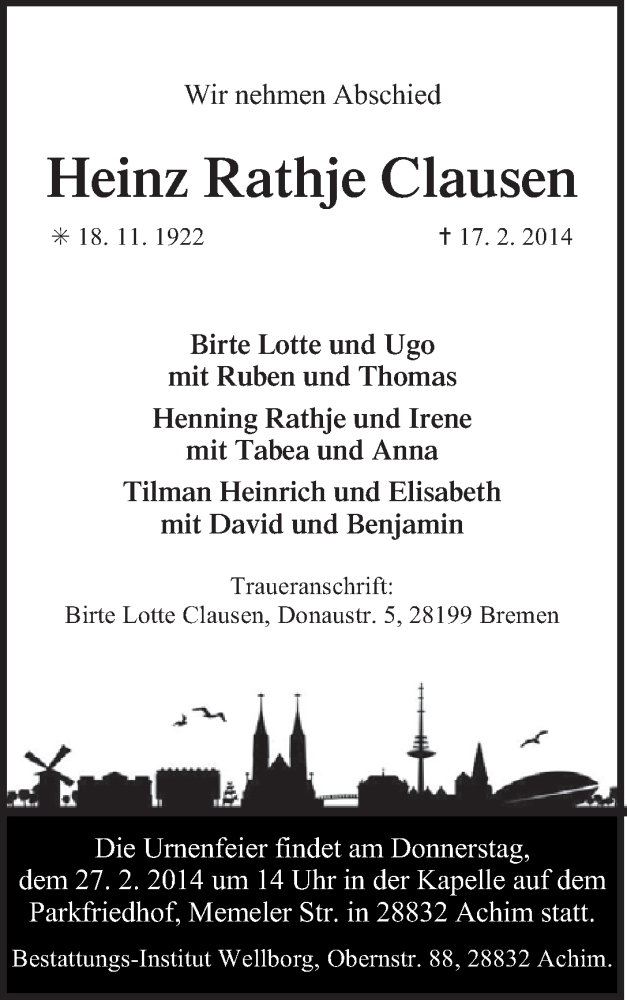 Traueranzeige von Heinz Rathje Clausen von WESER-KURIER