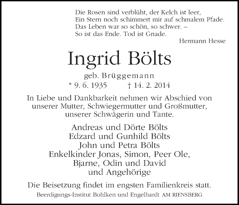 Traueranzeige von Ingrid Bölts von WESER-KURIER
