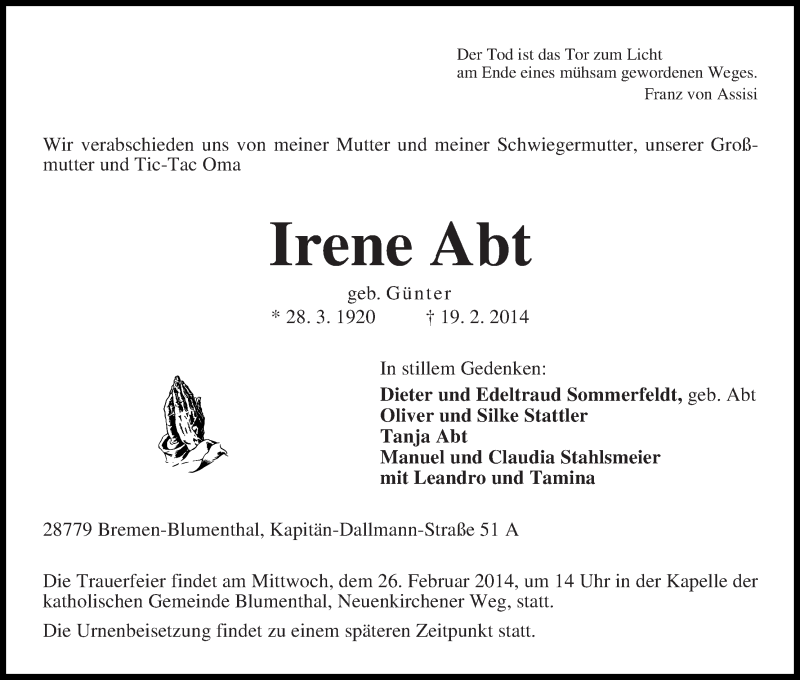 Traueranzeige von Irene Abt von Die Norddeutsche