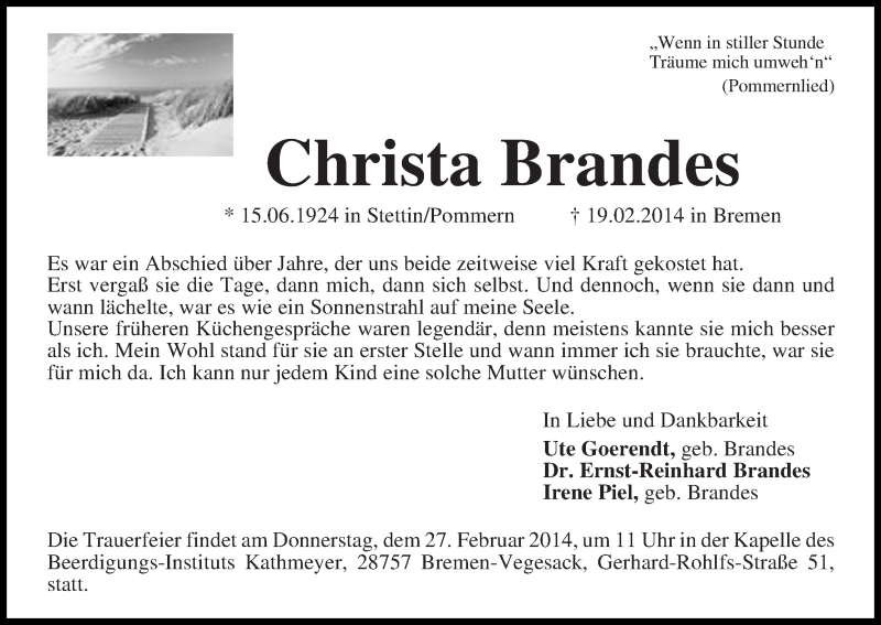 Traueranzeige von Christa Brandes von WESER-KURIER