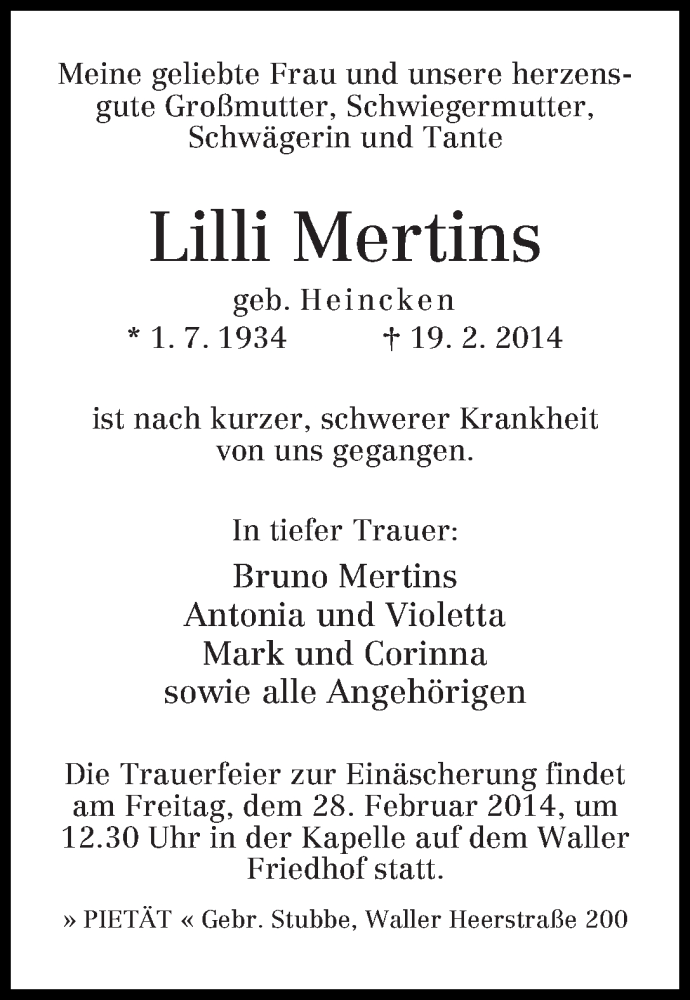 Traueranzeige von Lilli Mertins von WESER-KURIER