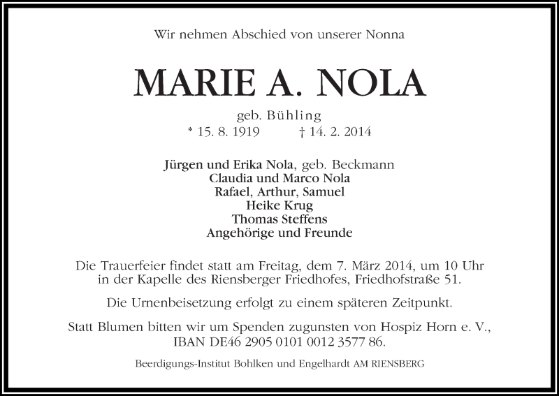 Traueranzeige von Marie A. Nola von WESER-KURIER