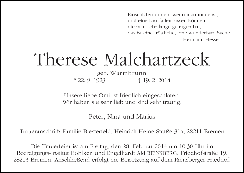 Traueranzeige von Therese Malchartzeck von WESER-KURIER