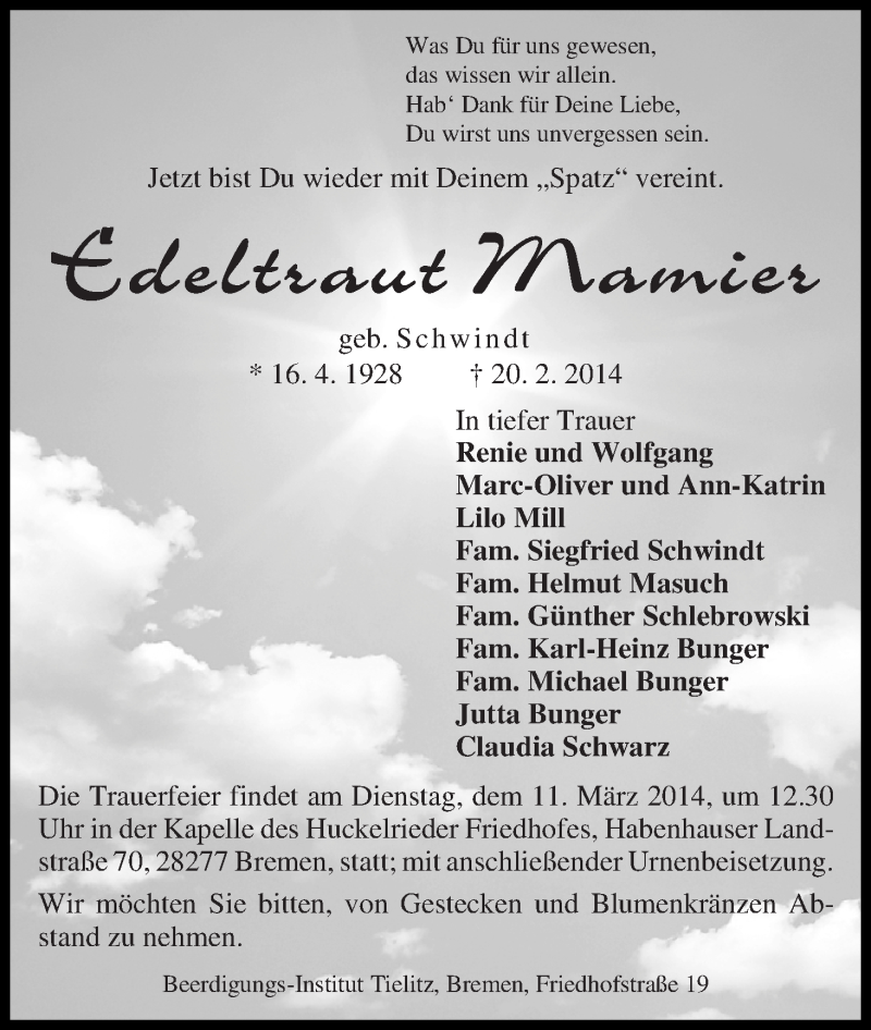 Traueranzeige von Edeltraut Mamier von WESER-KURIER