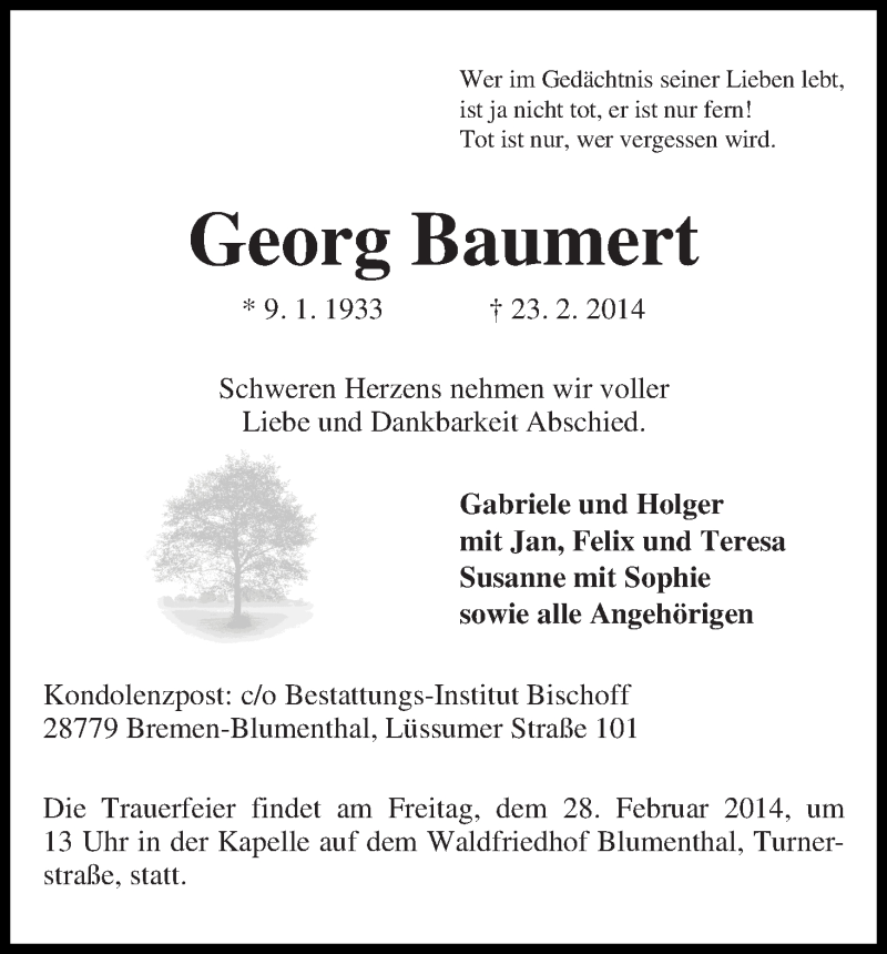 Traueranzeige von Georg Baumert von WESER-KURIER