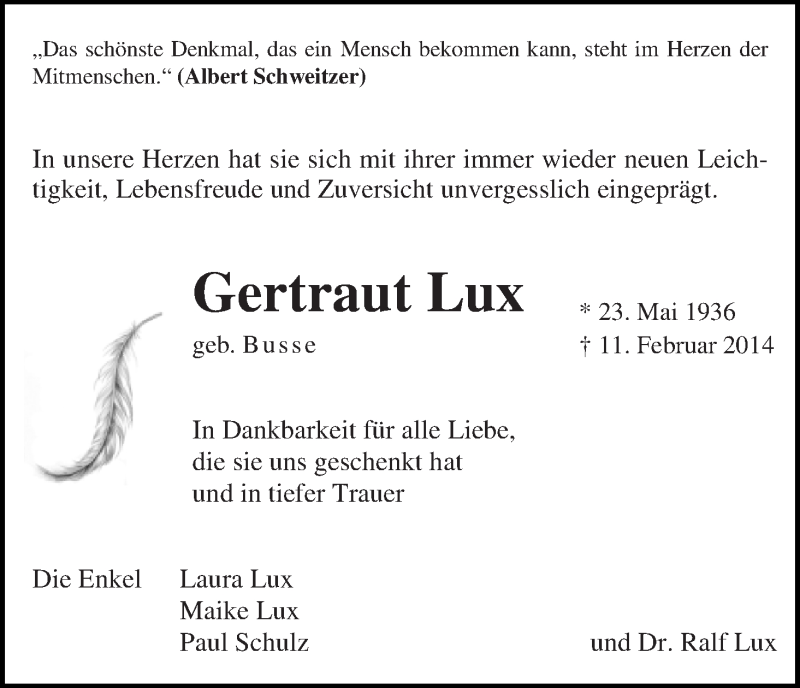 Traueranzeige von Gertraut Lux von Wuemme Zeitung