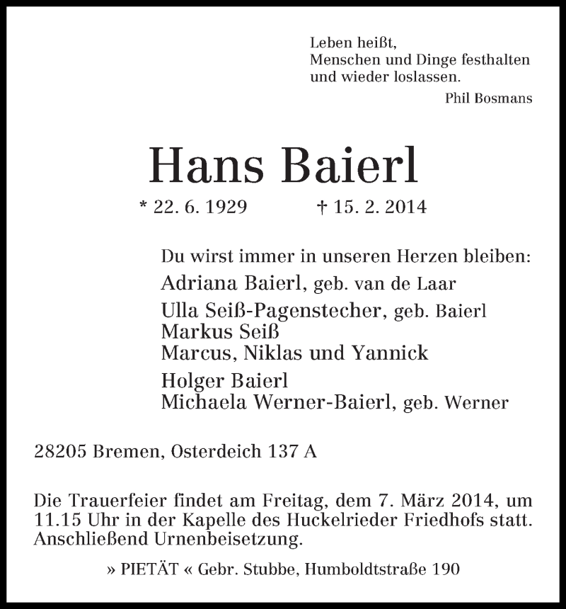 Traueranzeige von Hans Baierl von WESER-KURIER
