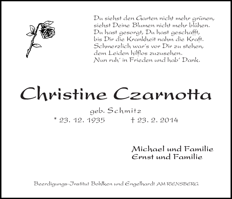 Traueranzeige von Christine Czarnotta von WESER-KURIER