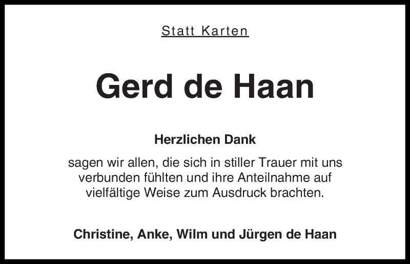 Traueranzeige von Gerd de Haan von WESER-KURIER