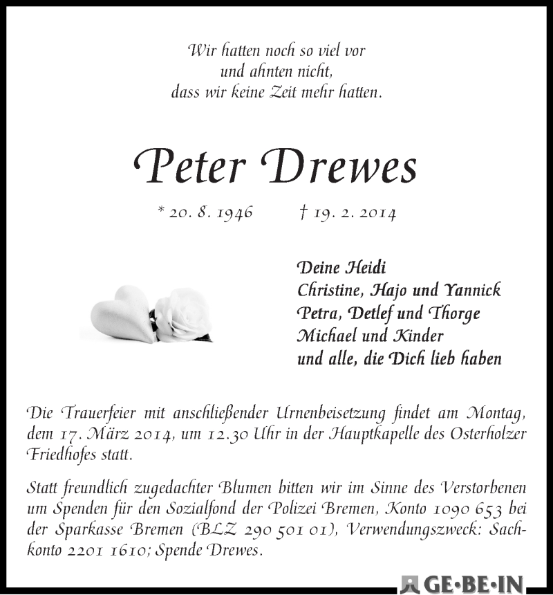 Traueranzeige von Peter Drewes von WESER-KURIER